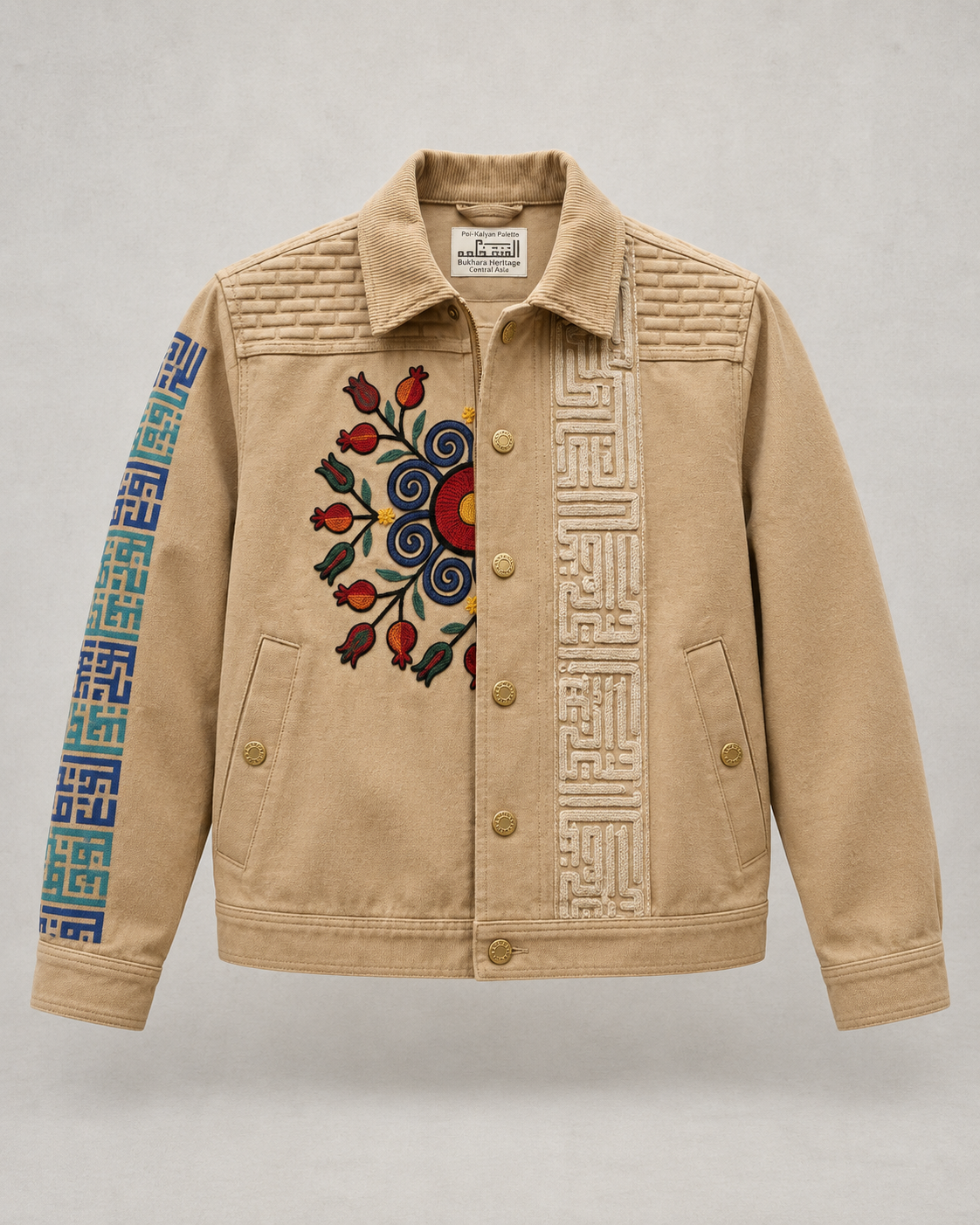 Full front render of the sand Bukhara jacket, showing floral embroidery, indigo sleeve motif, collar, cuffs and hem