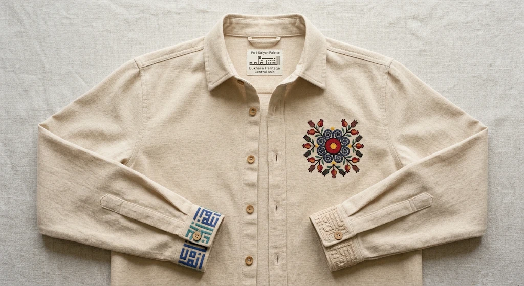 Natural cream button-front shirt with floral chest embroidery and geometric cuffs