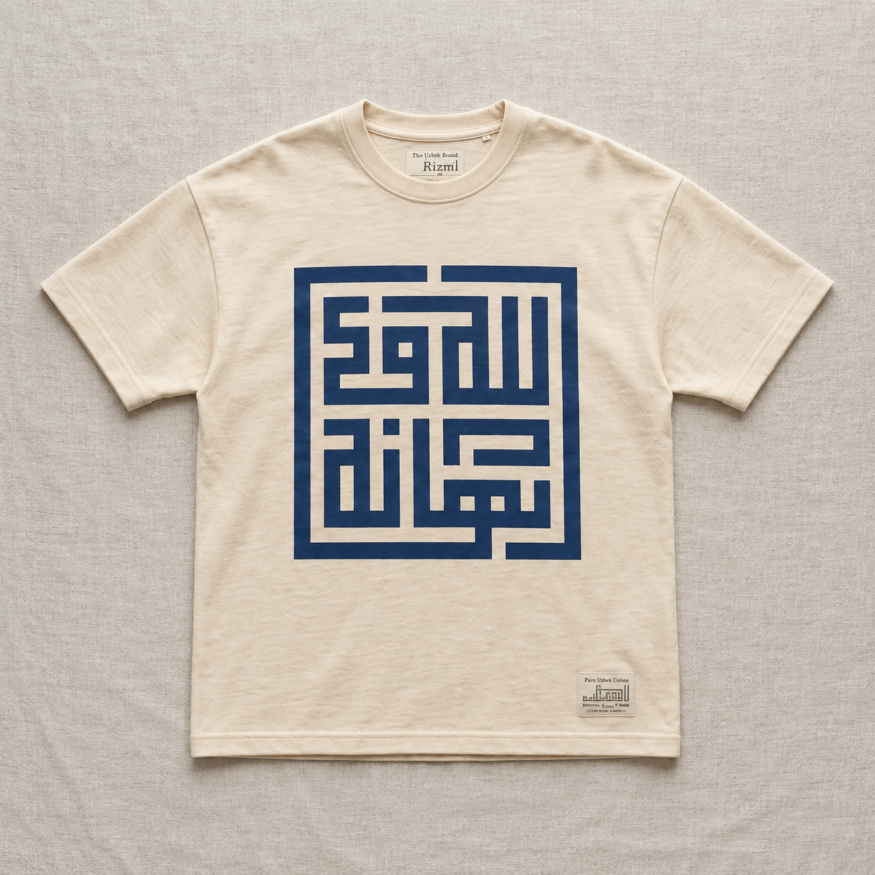 Ivory cotton t-shirt with a large square indigo geometric chest design